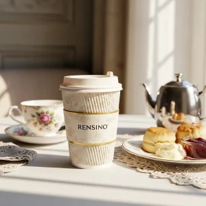 Cream Paper Cup with Gold Floral Pattern, Suitable for Coffee or Beverage, Customizable for Branding