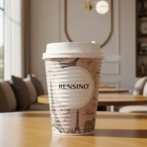 Tazza di Carta Bianca con Illustrazione di Parigi e Torre Eiffel, Adatta per Caffè o Bevande, Design Personalizzato Disponibile