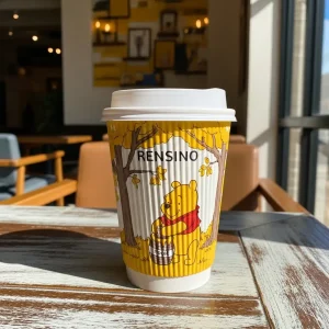 Gobelet en papier jaune avec illustration de Winnie l'Ourson, adapté pour l'emballage de boissons, impression personnalisée disponible