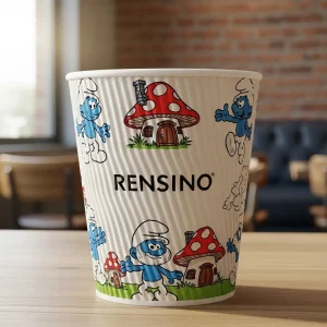 Tazza di Carta Bianca con Personaggi dei Puffi e Motivo di Funghi, Adatta per Imballaggio di Cibo o Bevande