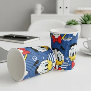 Taza de Papel Azul con Patrón de Pato Donald de Dibujos Animados, Adecuada para Empaque de Bebidas, Impresión Personalizada Disponible