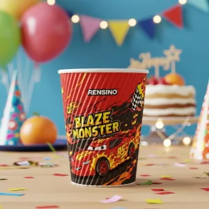 Tasse en papier rouge avec motif de voitures, adaptée pour les fêtes et l'emballage de détail, design personnalisé disponible