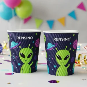 Dark Blue Paper Cup with Alien and Space Pattern, Suitable for Party Use, Custom Printing Available