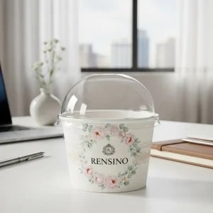 Tazza di carta bianca con design floreale e coperchio a cupola trasparente, adatta per imballaggio di cibi e bevande