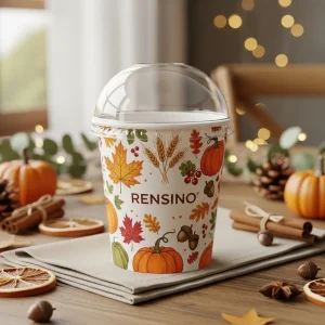 Vaso de papel colorido con tema de otoño y tapa transparente, adecuado para bebidas calientes y para llevar