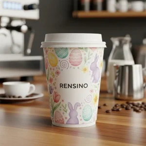 Bicchiere di carta colorato con motivo di coniglio di Pasqua e uovo, adatto per caffè o bevande, stampa personalizzata disponibile