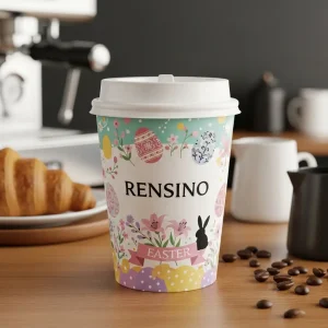 Tazza di carta colorata con motivo di coniglio di Pasqua e uovo, adatta per caffè o bevande, design personalizzato disponibile