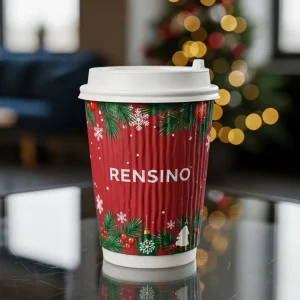 Tazza di carta rossa con motivo natalizio, adatta per imballaggio di bevande, design personalizzato disponibile