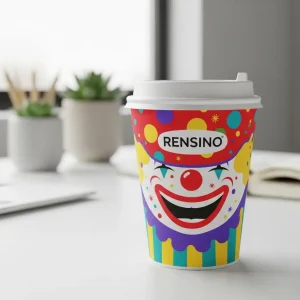Gobelet en papier coloré avec design de visage de clown, adapté pour l'emballage de boissons et de cadeaux, impression personnalisée disponible