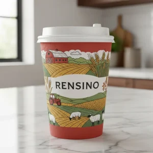 Bicchiere di carta rossa con illustrazione di scena di fattoria, adatto per imballaggi di bevande e uso promozionale