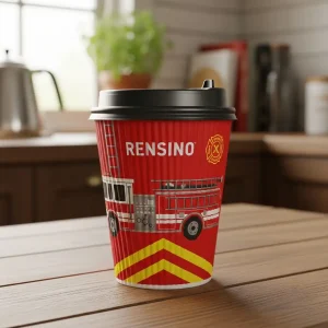 Bicchiere di carta rossa con motivo camion dei pompieri, adatto per caffè o bevande, design personalizzato disponibile