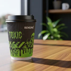 Copo de Café de Papel Preto e Verde com Padrão de Caveira e Tóxico, Design Personalizado Disponível