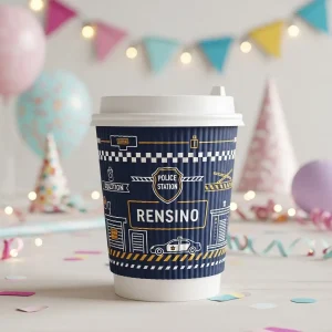 Dark Blue Paper Cup with Police Station and Car Illustration, Suitable for Coffee or Beverage Packaging, Customizable Design