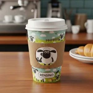 Taza de café de papel colorida con patrón de oveja, adecuada para uso en cafeterías y retail