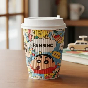 Taza de café de papel colorida con personajes de dibujos animados, adecuada para bebidas calientes y uso promocional
