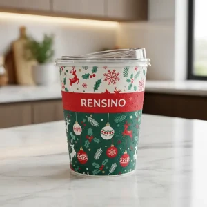 Vaso de papel con temática navideña y patrón festivo, adecuado para empaques de bebidas, diseño personalizado disponible
