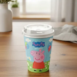 Tazza di carta a tema Peppa Pig con illustrazione colorata, adatta per bevande per bambini e uso promozionale