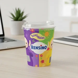 Gobelet en papier coloré avec des personnages de dessin animé et un motif de soleil, adapté aux boissons pour enfants et à un usage promotionnel