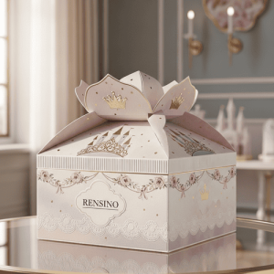 Boîte cadeau en papier rigide blanche avec motif de couronne et floral, adaptée pour un emballage de bijoux ou de cosmétiques
