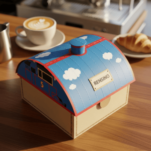 Blaue Cartoon-Zug-förmige Papierbox mit Wolkenmuster, geeignet für Geschenk- oder Einzelhandelsverpackung, vom Werk anpassbar