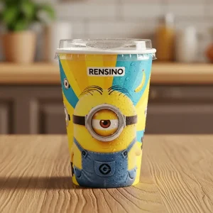 Vaso de papel colorido con patrón de Minions, adecuado para bebidas y uso promocional