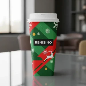 Tazza di carta rossa e verde con motivo natalizio, adatta per imballaggio di bevande, design personalizzato disponibile