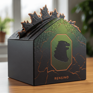 Boîte cadeau en papier noir avec silhouette de dinosaure et motif de feuilles, design personnalisé disponible
