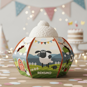 Colorful Hexagonal Paper Box with Sheep and Farm Scene, Suitable for Gift or Retail Packaging, Custom Design Available