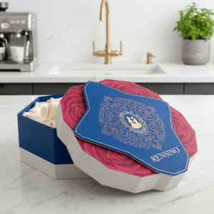 Blauer sechseckiger Geschenkkarton mit elegantem Muster, geeignet für Schmuck oder Luxusgeschenke, individuelles Design verfügbar