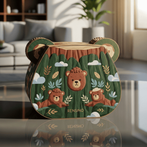 Colorful Bear-Shaped Paper Box with Forest Pattern, Suitable for Gift or Retail Packaging