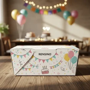 Caja de papel rígido blanca con patrón de fiesta colorido, adecuada para empaques de regalo o venta al por menor