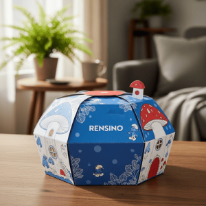 Blue Hexagonal Paper Box with Mushroom Pattern, Suitable for Gift or Retail Packaging, Custom Design Available