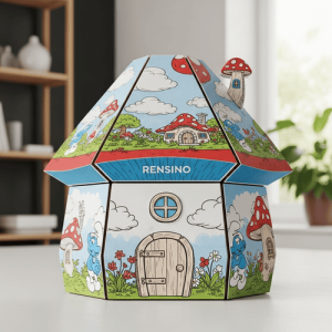 Colorful House-Shaped Paper Box with Mushroom and Cloud Pattern, Suitable for Gift or Retail Display, Custom Design Available