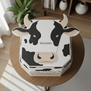 Boîte en papier hexagonale blanche avec motif de vache, adaptée pour les cadeaux ou l'emballage de détail, design personnalisé disponible