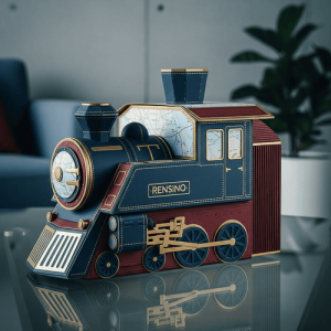 Boîte cadeau en carton en forme de train bleue et rouge avec accents dorés, design personnalisé disponible