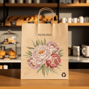 Beiger Papiergeschenktüte mit Blumenmuster, benutzerdefiniertes Design verfügbar