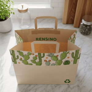 Kraftpapierbeutel mit Kaktusmuster, umweltfreundlich und langlebig für Geschenk- oder Einzelhandelsnutzung, anpassbar mit Logo