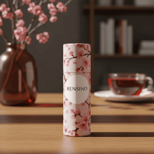 Tubo di carta floreale rosa con logo RENSINO, adatto per imballaggi cosmetici o regali, personalizzabile dalla nostra fabbrica automatizzata