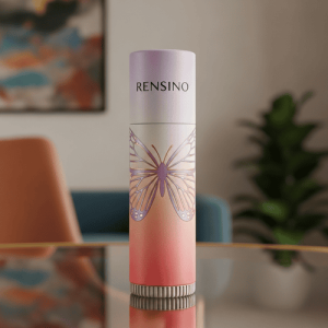 Tubo di carta con gradiente rosa e motivo farfalla, adatto per imballaggi di regali o cosmetici, design personalizzato disponibile