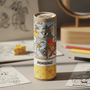 Tubo de papel con personajes de dibujos animados coloridos y logotipo de RENSINO, adecuado para empaquetado de regalos o venta al por menor, diseño personalizado disponible