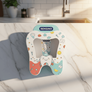 Caja de papel en forma de diente colorida con diseño juguetón, adecuada para embalaje de regalos o venta al por menor, personalizable con logotipo
