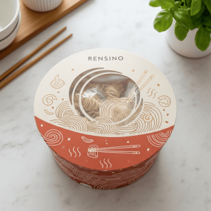 Scatola regalo in carta rotonda con illustrazione di noodle, design personalizzato disponibile