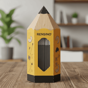 Boîte en papier jaune avec design en forme de crayon, adaptée pour l'emballage de cadeaux ou de vente au détail, personnalisable avec logo