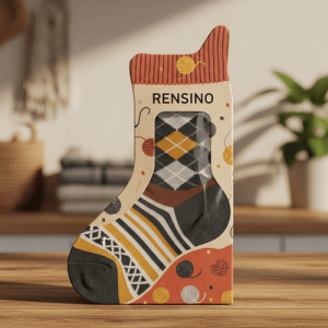 Empaque de papel en forma de calcetín colorido con diseño estampado, adecuado para regalo o exhibición en retail, fabricado con automatización de alta calidad