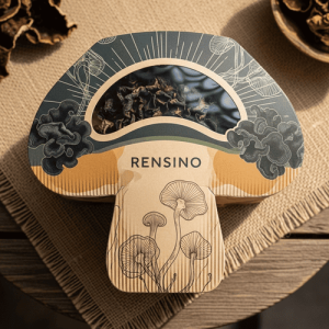 Caja de regalo de papel color crema con patrón de champiñones y nubes, diseño personalizado disponible