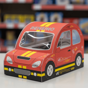 Scatola in carta a forma di auto rossa con finestra trasparente, adatta per imballaggio regalo o vendita al dettaglio, design personalizzabile