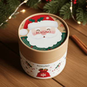 Scatola regalo di carta rotonda con motivo di Babbo Natale e agrifoglio, design personalizzato disponibile
