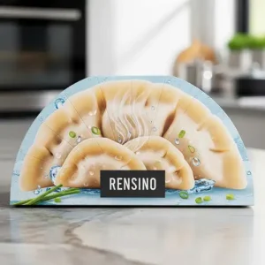 RENSINOロゴ入りの青い半円形紙パッケージ、ギフトやディスプレイに適しており、高級ブランド向けにカスタマイズ可能