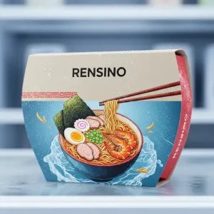 ラーメンのイラストが描かれたカラフルな紙製食品包装ボックス、小売およびギフト用に適しており、カスタマイズ可能なデザイン