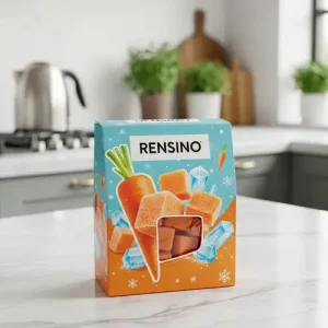 アイスキューブとニンジンのパターンが描かれたカラフルなギフトボックス、小売やギフトパッケージに適しており、カスタムデザインが利用可能